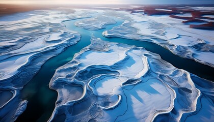 abstract aerial view of a frozen river or lake showing intricate patterns of ice snow and water