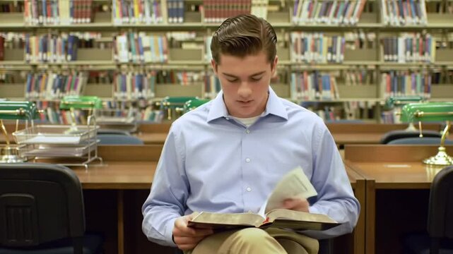 A young man is sitting at a desk in a library, diligently reading a book with a focused and studious expression.