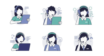 Fototapeta premium Customer service representatives in the workplace are ready to assist you with their headsets and laptops. 
