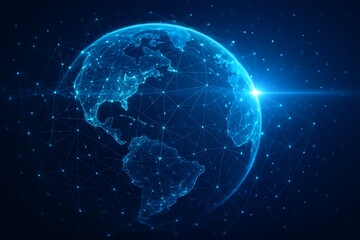 Digital representation of Earth with interconnected glowing network lines showing global connectivity, communication systems, and data transfer in a futuristic technology concept