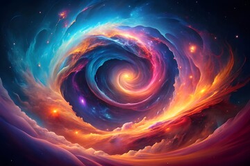 Vibrant cosmic nebula with a swirling spiral of colorful gas and stars, representing the vastness and beauty of the universe