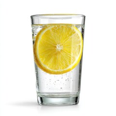 A clean, transparent glass of water with a slice of lemon, isolated on a pure white background. Detox, purity.