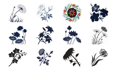 Collection of 12 Elegant Floral Silhouette and Color Illustrations Featuring Roses, Lotus, Lilies, Hibiscus, Daisies, Orchids, Sunflowers, Tulips and Decorative Mandala Flower Designs for Decorative