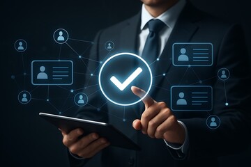 Business professional using futuristic digital verification interface with secure identity network, holographic checkmark icon, and connected profile data for authentication and approval process