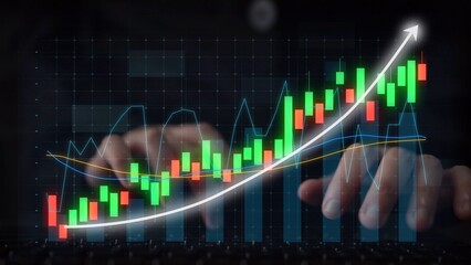 A business person examines stock market data with hands on a keyboard. The digital graphs showcase upward trends in finance for informed investment strategies. Copula