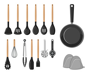 Collection of cooking tools in brown and black details on a white background. Flat Vector Style
