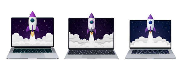 Three Laptops Show Rocket Launching Startup Success Night Sky