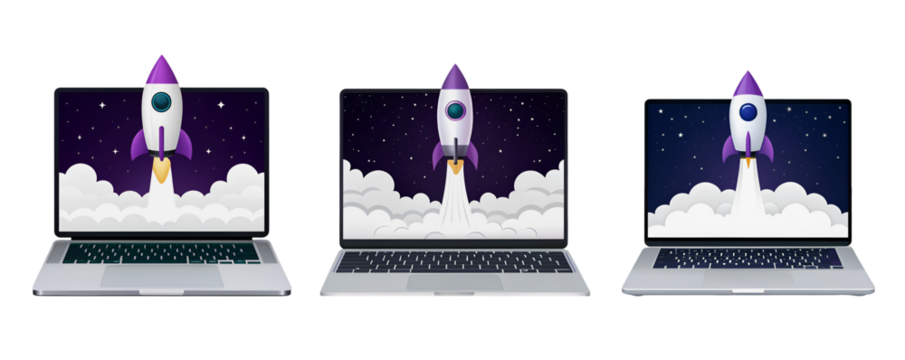 Three Laptops Show Rocket Launching Startup Success Night Sky