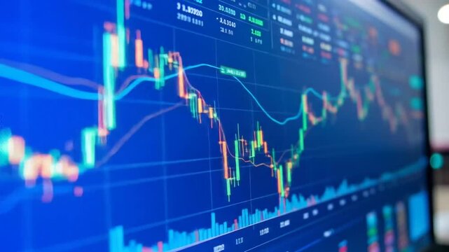 Financial stock market data analysis with charts and graphs on monitor screen, illustrating