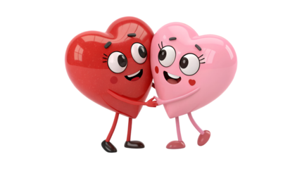 Two happy heart characters holding hands Valentines Day love romance