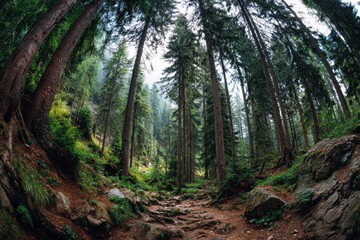 Fototapeta premium Majestic panoramic view of towering trees in a serene forest, showcasing nature's beauty and tranquility during daylight hours