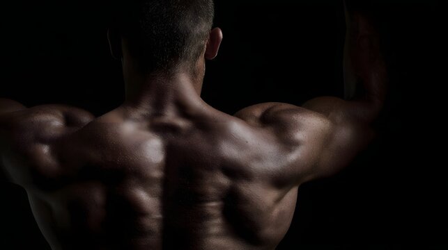 Muscular back view of a person performing a pull up in sharp focus with dramatic shadows