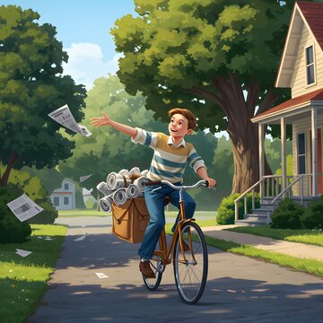 Classic Americana scene of a cheerful paperboy on his bicycle delivering the morning news in a sunny suburban neighborhood.