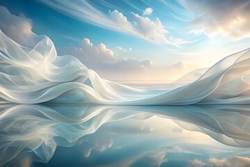 Ethereal flowing fabric waves reflecting on calm water under a soft, cloudy sky at sunrise, creating a serene and dreamlike atmosphere