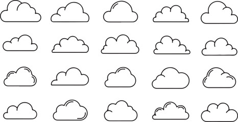 Collection of simple outline cloud icons in different shapes and sizes weather symbol