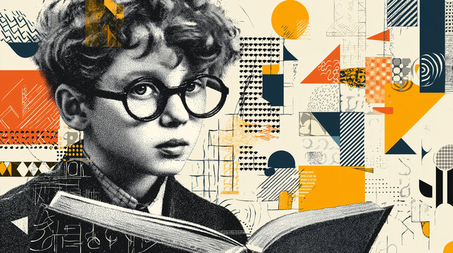 Artistic portrait of a young boy with glasses reading a book against a patterned background