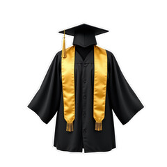 Graduation gown with gold satin stole and cap isolated transparency background, symbolizing academic achievement