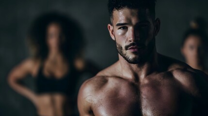 Fototapeta premium Muscular fitness instructor coaching a class with intense focus