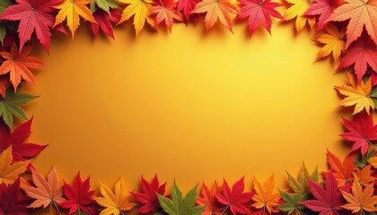 Obraz premium A vibrant border of colorful autumn maple leaves in red, orange, yellow, and green frames a warm, golden, empty space, perfect for seasonal designs and copyspace