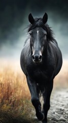 Obraz premium Majestic black horse running through a misty field during dawn, showcasing strength and grace in nature