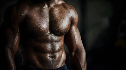 Obraz premium Muscular male torso with defined abs in gritty gym lighting