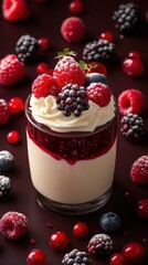 Delicious dessert featuring creamy custard topped with fresh berries on a dark background designed for a delightful presentation