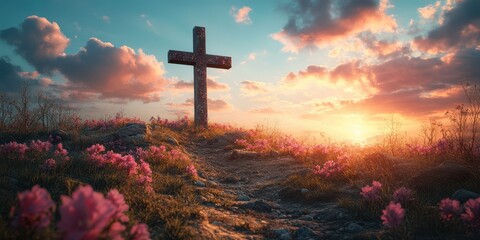 Sunset view of a stone cross surrounded by vibrant flowers on a peaceful hillside