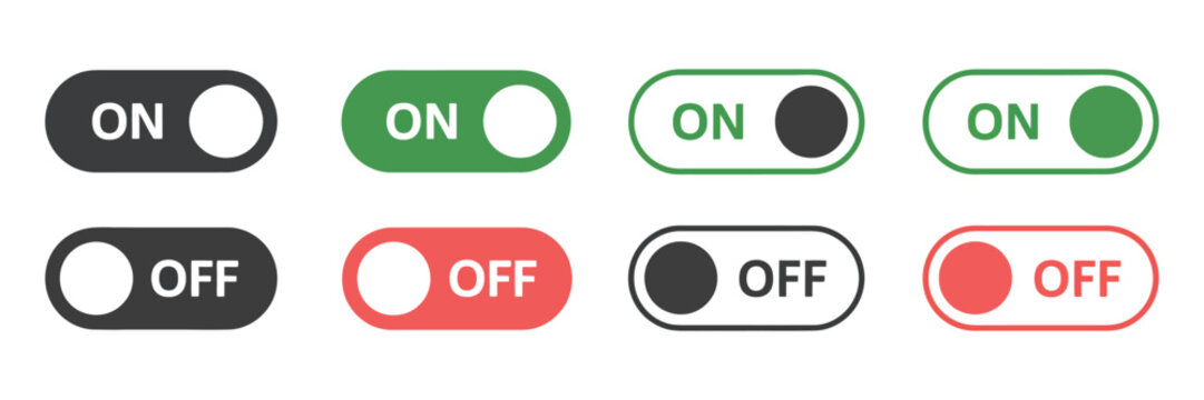 Set of ON and OFF toggle switch buttons. UI element collection for web and mobile apps. Vector icons for interface control and state selection.