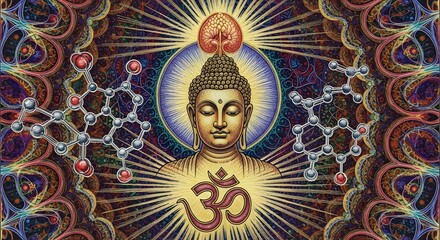 Obraz premium Buddha Meditating with Psychedelic Molecular Structures and Om Symbol