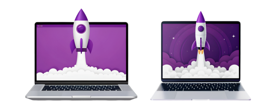 Startup Rocket Launch on Laptop Screens Business Growth Technology Success