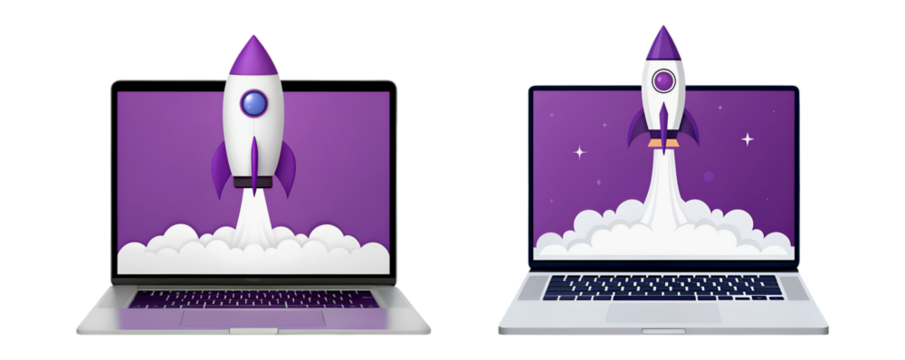 Rocket launching from laptop screens symbolizing startup success and digital innovation - Powered by Adobe