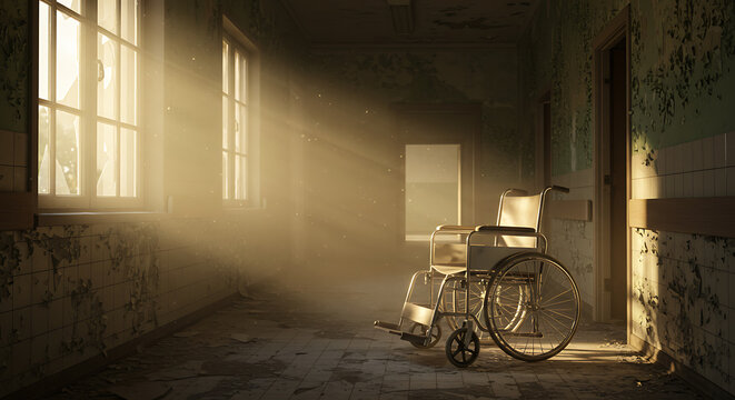 Sunlight streams through windows onto a wheelchair in a dilapidated, abandoned hallway with peeling paint and a sense of decay.