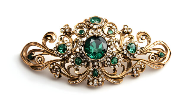 Luxurious antique gold brooch with intricate green gemstone filigree design for elegant fashion - Powered by Adobe