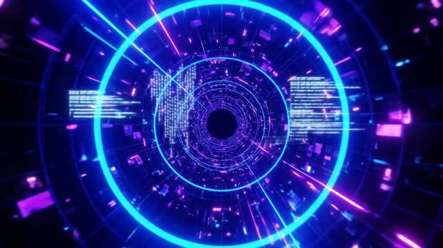 Futuristic Digital Tunnel with Glowing Neon Lights and Binary Code Animation Sequence