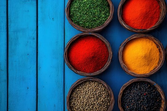 Assortment of colorful ground spices and peppercorns fill round baskets in Zanzibar
