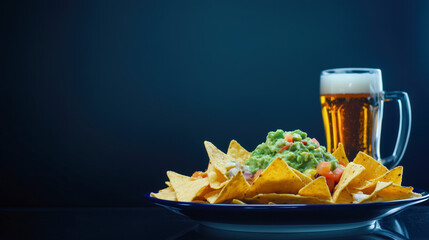 Plate of nachos topped with guacamole beside a frothy beer glass.