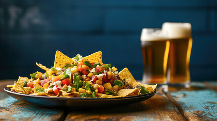 Colorful nachos with fresh toppings served with two glasses of beer.