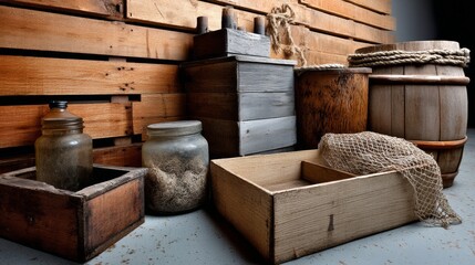 Rustic storage of jars and wooden crates for vintage home and kitchen photography concept
