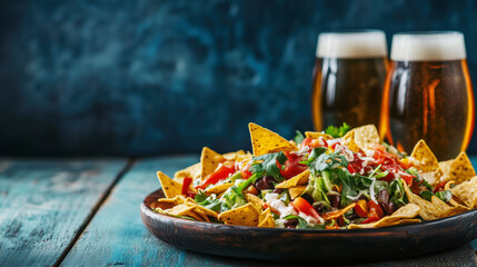 Delicious nachos with fresh toppings and two beers on a rustic table.