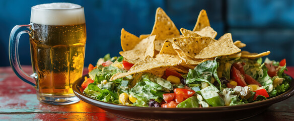 Refreshing beer alongside a vibrant taco salad with colorful vegetables and nachos.