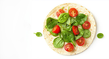 Healthy vegetable wrap with tomatoes, spinach, and cucumber on a white background.