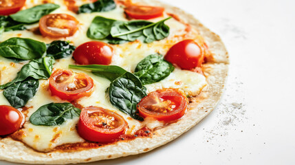 Fresh pizza topped with tomatoes, spinach, and melted cheese on a thin crust.