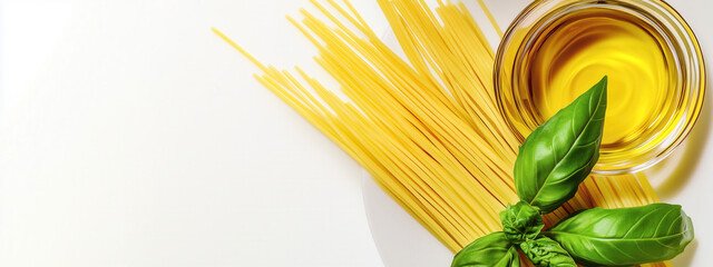 Raw spaghetti with olive oil and fresh basil leaves on a white background.
