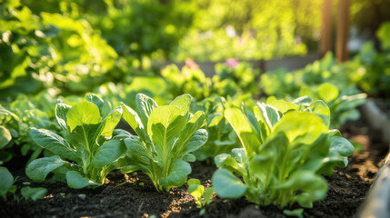 Lush green lettuce plants basking in the warm sunlight of a thriving garden.