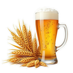 Golden beer glass with foam and wheat ears isolated transparency background, refreshing drink with bubbles and natural