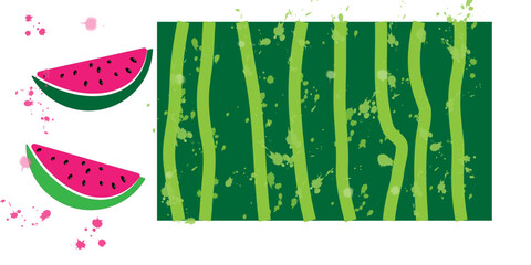 Watermelon slice clipart set. Summer watermelon fruit sweet and tasty in whole, half and quarter cut clip art collection for holiday season juicy dessert vector illustration.