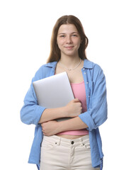 Teenage girl with laptop on white background