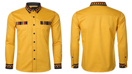 Stylish yellow shirt with african print isolated on white background
