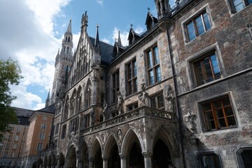 Fototapeta premium Majestic architecture of Old Town Munich with Town Hall showcasing intricate details and striking spires under a blue sky