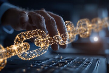 Blockchain technology network concept illustrating a businessman interacting with virtual chains of data in a digital environment